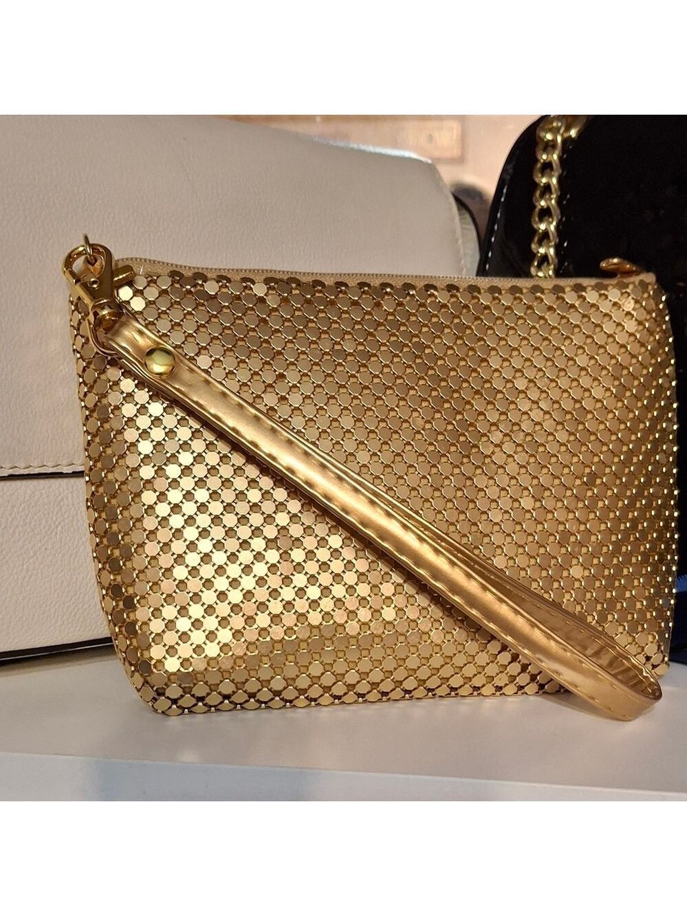 Gold Metallic Mesh Wristlet Clutch - Women Bags